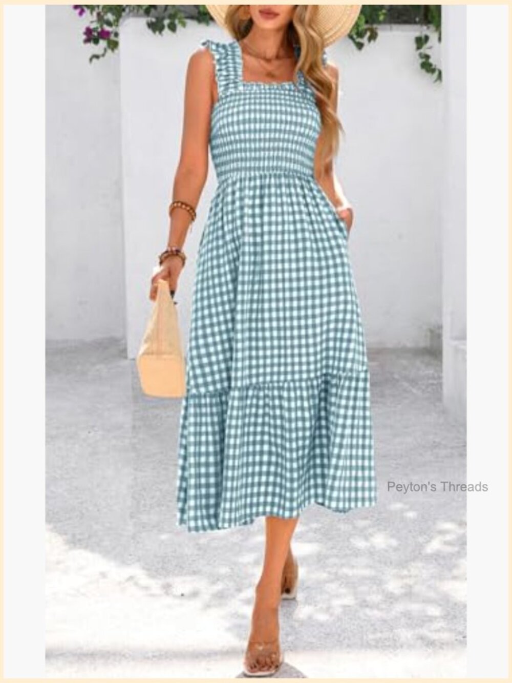 Women's Summer Dress Square Neck Ruffle Strap Gingham Smocked Midi Flowy A-Line - Picture 5 of 7
